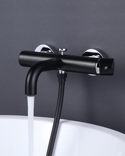 ARCORA Robinet de baignoire avec douchette, thermostat en cuivre, mitigeur M24 à économie d'eau avec tuyau de douche de 150 cm, noir (Pas de douche, Noir)