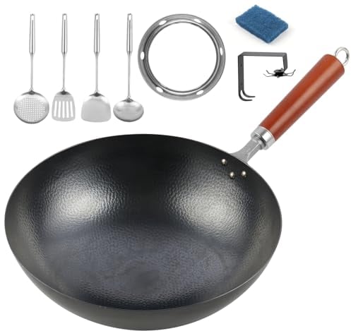 JLYO Never rust Hand Hammered Wok-Round Bottom Woks-12.6” Chinese Thickening Wok Set with 7 Pcs Cookware Accessories