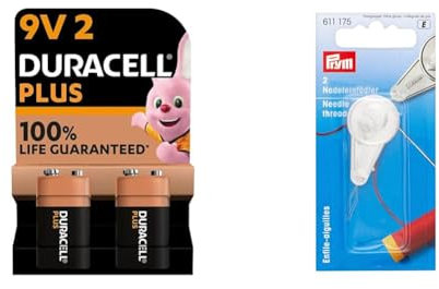 Duracell Plus 9V Batteries (Pack of 2) - Alkaline - 100% Life Guaranteed & Prym - Prym Needle Threader - 1 Count