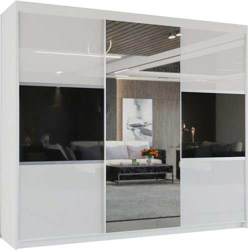 MN FURNITURE Almere High Gloss Wardrobe Closet Double/Triple Sliding Mirrror Doors Modern Bedroom Cabinet with Drawers (White, 250cm)