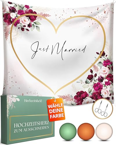 HOCHZEITSHELD - Hochzeitslaken zum Ausschneiden inkl. 2 Scheren als Hochzeitsbanner, Hochzeitsspiele oder Standesamt Empfang Deko - Hochzeitslaken, Bettlaken Hochzeit Herz, Hochzeitstuch 200x180cm