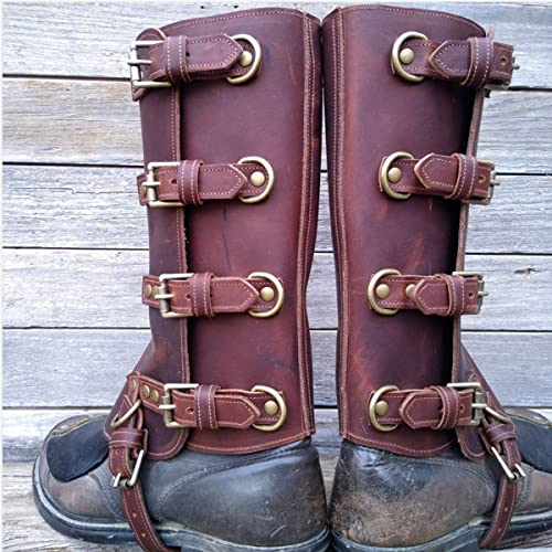 Cachorro Leder Beinpanzer, Mittelalter Vintage Steampunk Samurai Stiefel Hülle Ritter Cosplay LARP Kavalier Gamaschen Camping Wandern Schutzzubehör,Reddish Brown