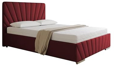 PANDA MÖBEL Polsterbett 140x200 cm - RAY Kollektion - Modern Doppelbett mit hochwertiger Taschenfederkernmatratze Pocket - Polsterbett mit Bettkasten für Schlafzimmer - Rot