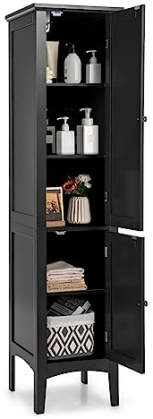 GOPLUS Badezimmerschrank hoch, Hochschrank mit 2 Türen, 5 offene Fächer, Badschrank Badregal für Wohnzimmer, Badzimmer & Küche, 37 x 37 x160 cm (Schwarz)