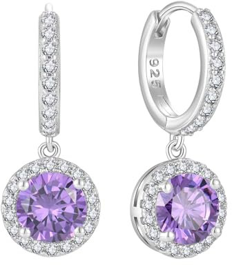 Starchenie Creolen Ohrringe Silber 925 mit Runde Zirkonia Amethyst Geburtsstein Anhänger Hypoallergen für Frauen