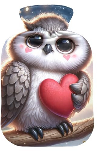 Wärmflasche zum Valentinstag, Eule mit Herzmotiv, mit weichem Samtbezug, Wärmbeutel für heiße und kalte Kompresse, 2 Liter