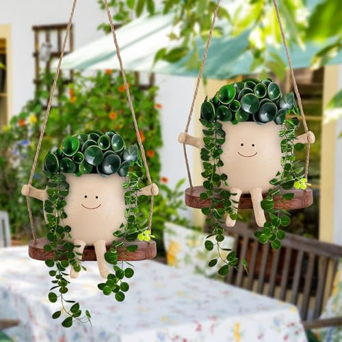 LASTOOLS 2 Pcs Swing Face Planter Pot Hanging Resin Flower Head Planters for Indoor Outdoor Plants,Flower Pot with Unique Face Design for String of Pearls for Mother's Day and Christmas