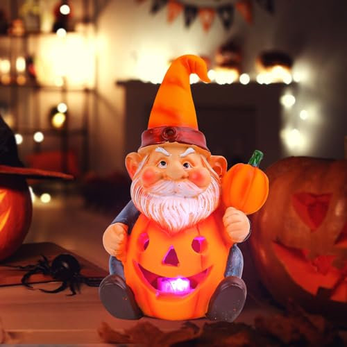 GZWY Halloween Deko Zwerg Statue mit Kürbis LED Lichter, Harz Halloween Kürbis Zwerg Figuren Leuchtende, Halloween LED Kürbis Zwerg Batteriebetriebene für Halloween Dekoration, Party Deko (C)