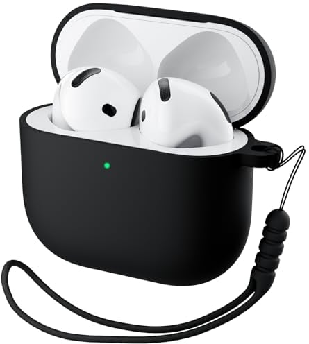 ORNARTO Compatible with Airpods 4 Case,Liquid Silicone Cover with Lanyard Hybrid Skin & Visible Front LED Protective Case for Airpods 4th Generation(2024)-Black