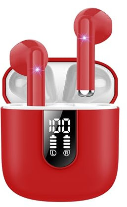 Jesebang Wireless Earbuds, 2025 Bluetooth 5.3 Headphones with ENC Mic Stereo Earphones, Wireless Headphones with Dual LED Display, IP7 Waterproof, 36H Playtime in ear earbuds, Elegant Red