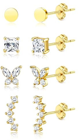 JeweBella 4 Paar Ohrstecker Silber 925 für Damen 925 Silber Ohrringe Set 18K Vergoldet Ohrringe Silber 925 Stecker Silber/Gold Kleine Schmetterling Kletterer Ohrstecker