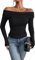 AOWVUTS Women's Long Sleeve Top Sexy Off Shoulder Top Slim Fit Crop Tops Casual Tight T-Shirt Solid Color Blouse Tee Tops Y2K Going Out Crop Clothes Club Party Streetwear for Ladies Girls Black