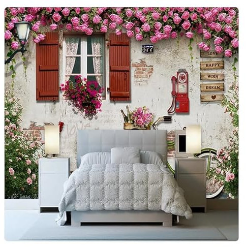 Benutzerdefinierte 3D-Fototapete, mediterranes Fenster, Rosenhintergrund, Wandgemälde, pastorale Blumen, Restaurant, Café, Dekor, Wandtuch, 3 D * 200 cm x 140 cm (78,7 x 55,1 Zoll)
