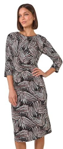 Roman Originals Ruched Waist Dress for Women UK Ladies Side Pleat Winter Autumn Textured Fitted Shift Pencil Smart Lined Stretchy Jersey Work Knee Length Round Neck - Mocha White - Size 16