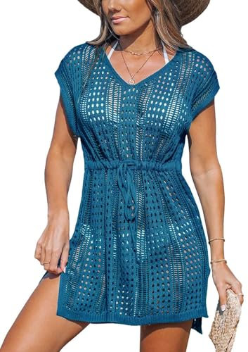 CUPSHE Women's Crochet Swim Cover Up Mini Dress Swimwear Knit Short Sleeve Beach Pullover Cover ups Navy M
