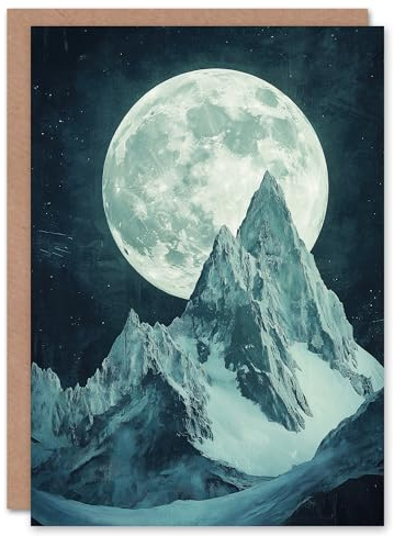 Artery8 Greeting Card Alpine Mountain Range Peak Full Moon Fantasy Art Blank For Him Or Her Art Birthday Card