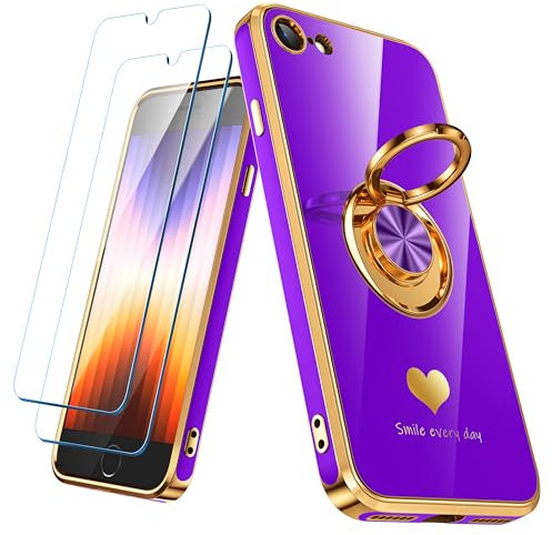 Nonional Compatible for iPhone SE/8/7 Case with 2 Pack Screen Protector, 360° Rotatable Ring Holder [Luxury Hearts Pattern] Plating Gold Edge Slim Soft Phone Case for iPhone SE/8/7 - Neon Purple