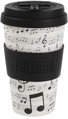 IDRINK®- Taza de café de RPET con tapa de silicona de apertura, fácil de llevar Taza de 435 ml para llevar de plástico reciclado 8,7 x 8,7 x 15 cm ergonómica 435 ml (MUSIC)