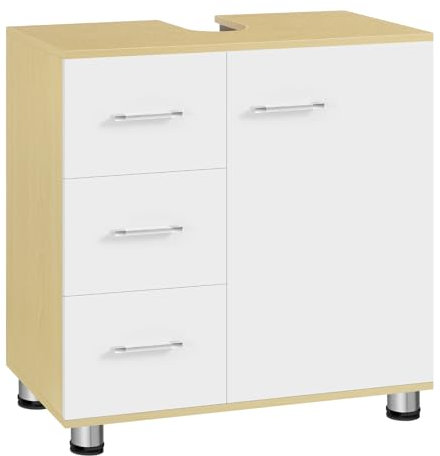 EUGAD Mueble Bajo Lavabo, Armario de Baño con 3 Cajones y 2 Compartimentos, Mueble Baño con Hueco para Sifón, Estilo Nórdico, Blanco+Roble Claro, 60x30x60 cm