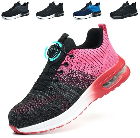 Chaussures de Sécurité Hommes Femme Légère Respirante Baskets de Sécurité Antidérapant Chaussures de Travail Embout Acier avec Lacet à Bouton Pivotant, Rose, EU 36