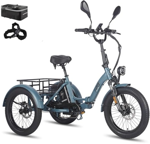 Fafrees Dreirad e Bike F20 Mate, Upgrade 2025 E-Bike 3 Rad 48V 21Ah Akku, E Bike Klapprad 20 * 3.0 Zoll, 65N.m Elektro Dreirad Lasten für Erwachsene (Kleiner Korb, Blau)
