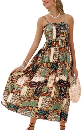 CUPSHE Robe longue d'été à smocks pour femme - Sans manches, avec bretelles spaghetti et volants - Longue robe de plage formelle, Taille XL