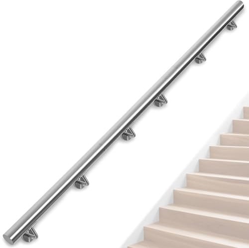 OUUTMEE Corrimano in acciaio inox per scale, 350 cm, ringhiera per scale con supporti, rotondo Ø 42 mm, corrimano esterno interno per soffitta, veranda, garage terrazza