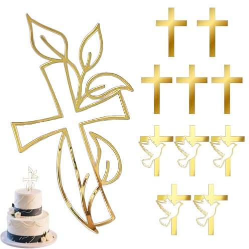 Tortendeko Taufe,Kommunion Tortendeko,Kreuz Und Tauben Set Für Taufkuchen,11teile In Gold,Ideal Für Baby- Und Erwachsenentaufe,Kirche Und Familienfeiern,5 Kreuz Und 5 Tauben Mit 4.5cmbis 5cmbreite