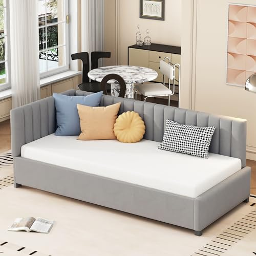 Generisch TOBIDOEN Polsterbett Sofabett 90x200, Multifunktionsbett Schlafsofa mit Lattenrost, Kopfteil und Rückenlehne, L-förmiges Sofa mit Schlaffunktion, Tagesbett Daybed in Samtstoff, A(Grau)