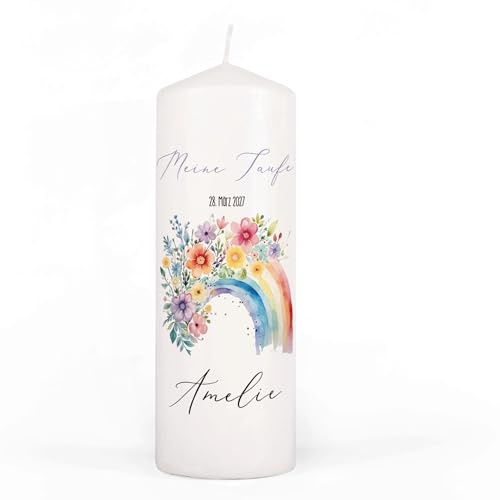 Striefchen® Personalisierbare Kerze zur Taufe, Kommunion oder Firmung – Regenbogenmotiv mit Wunschtext – Weiß – Größenauswahl – Geschenkidee religiöse Anlässe (7 x 20 cm (Ø/H))