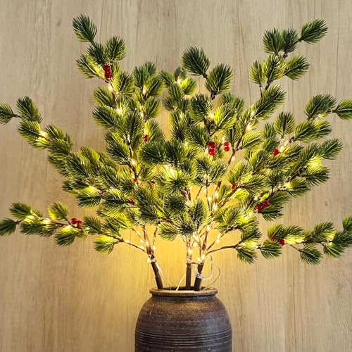 MINDELF 3 PCS Christmas Lighted Branches for Vases, 147 Lights with Pine Needles and Red Berries, Battery Operated, Timer, Handmade Artificial Evergreen Sprig Twinkle Trees for Indoor Outdoor