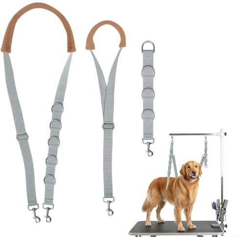 3Pcs Dog Grooming Harness, Adjustable Cat Dog Grooming Restraint Loop Noose, Nylon Dogs Belly Strap with D-Rings Restraint for Small Medium Dogs Cats Bathing (Grey, M)