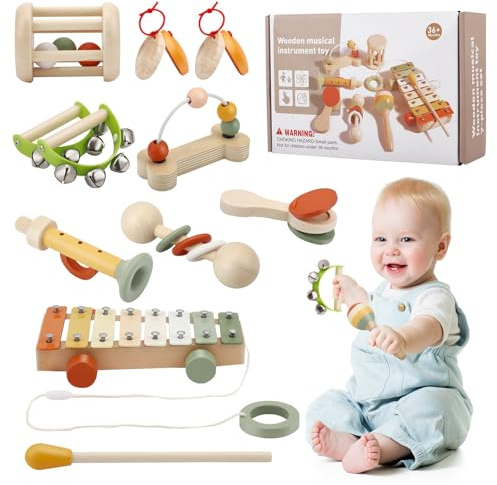 Nastopee Toddler Musical Instruments Set,Musikinstrumente Für Kinder,Aus Holz,11 In 1 Montessori-Musikspielzeug,Enthält Xylophon,Percussionsinstrument,Handring,Gebläse