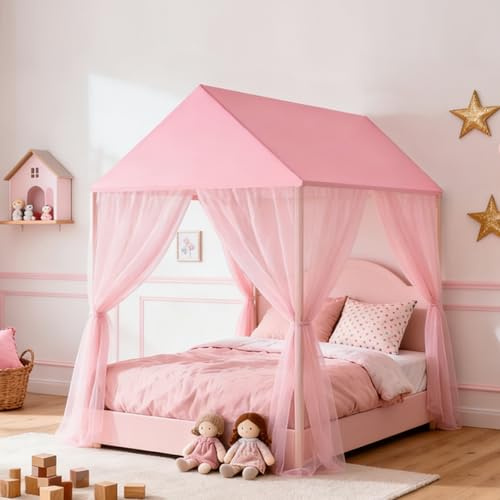 GFCC Rosa Hausbett Himmel für Rechteckigem Dach Hausbett–206x98x150cm | Prinzessinnen Betthimmel Hausbett für Mädchen Hausbett Deko Moskitonetz Baldachin für Kinderzimmer Deko