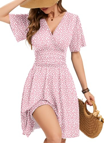 WNEEDU Womens Summer Dresses Wrap Waist V Neck Elegant, Pink, L