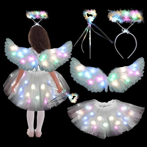 TaimeiMao Ailes d'Ange,Ailes d'Ange Illuminées et Auréole,Déguisement Ange Enfant,Lumineux Ailes D'ange Blanches 60cm,avec Serre-tête Ange Baguette Magique LED Tutu Jupe Tulle,Ailes De Fée Fille