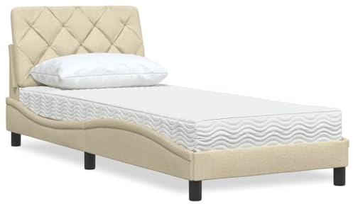 GeenYuu Bett mit Matratze Creme 80x200 cm Stoff, Piran Serie, inkl. Kopfteil-Kissen, Robustes Polyestergewebe, Schaumstoffmatratze H2 H3, kein Boxspringbett nötig