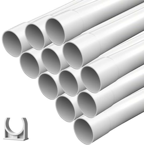Installationsrohr M25 Gemufft 12m Installationsrohr, Kabelrohr starr PVC Schwer Entflammbar, Kabelrohr mit 25 Kabelklemmen, Rohr 20mm für Aufputzinstallation Weiss Kabelkanal Rund