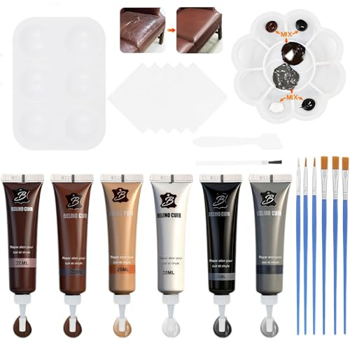 Leder Reparatur Set 6 Farben,Braun Mixbar Fiussigleder Reparatur Creme Set | Wasserdicht Kunstleder Reparaturset für Auto Lederlenkrad Sofa Jacke Geldbörse Gürtel Schuhe Kunstleder Kratzer Risse
