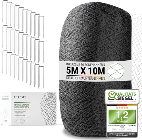 FISO® Teichnetz - 5x10m I Vogelschutznetz engmaschig, robust, witterungs- & UV-beständig I Schwarzes Teich Netz feinmaschig (15x15mm) I Netz zum Schutz von Teich, Balkon, Kirschbaum & Mehr