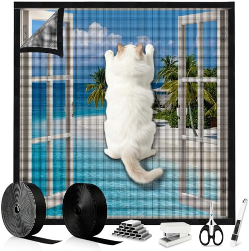 Cat Window Guard Screen 100x150cm, Strong Self-Adhesive Window Fly Screen | Adjustable DIY Window Mesh Net, Pets Protection and Keep Bugs Out, Thickened Flat Window Nets, Indoor Cat Safety Netting Mesh