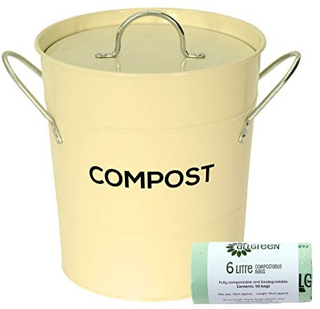 Cream Metal Kitchen Compost Caddy & 50x All-Green Compostable Bags - Composting Bin for Food Waste Recycling
