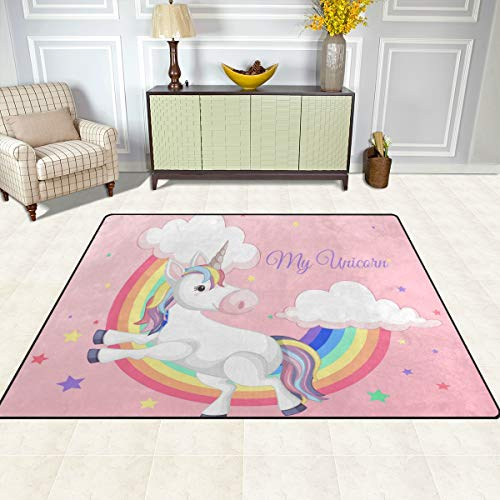 ISAOA Moderner und weicher Kinderteppich, Einhorn mit Regenbogen-Teppich, für Schlafzimmer, Wohnzimmer, Kinderzimmer, Dekoration, rutschfest und waschbar, 152 x 120 cm