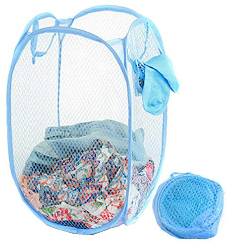 DurReus Portable Extra Large Rectangle Pop-Up Clothes Basket Tall Laundry Mesh Hamper with Handles Space Saving Storage Bin,Sky Blue