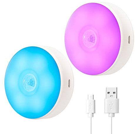 SingHong Motion Sensor LED Night Light, USB Rechargeable, 8 Lighting Colors, 3 Working Modes, Magnet Stick Anywhere, Night Light for Hallway, Cabinet, Closet, Stairs, Cupboard, etc (2 Pack White)