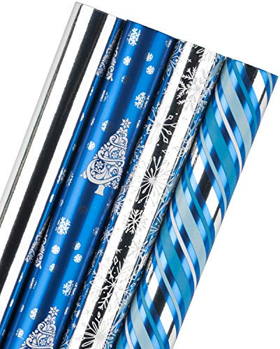 RUSPEPA Geschenkpapierrolle - Silberne Schneeflocke Und Blaues Streifenpapier Mit Glitter Metallic Foil Shine - 4 Rollen - 76cm X 305cm Pro Rolle