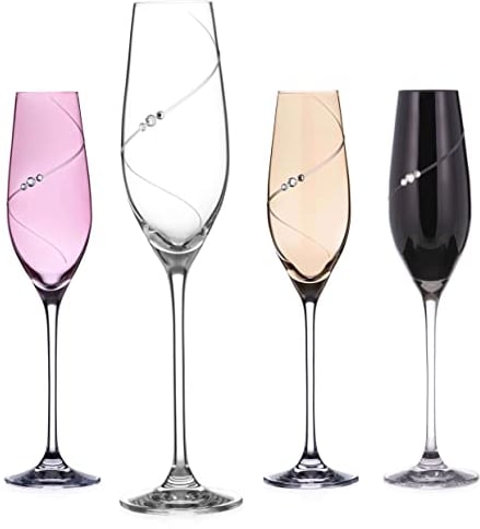 DIAMANTE Coloured Champagne Flutes with ‘Silhouette Colour Selection’ Hand Cut Design - Embellished with Crystals - Set of 4