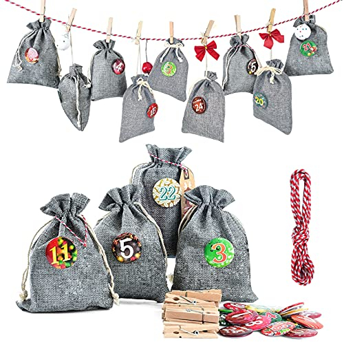 Adventskalender zum Befüllen Groß (13x17cm), Weihnachtskalender Jutesäckchen Selberfüllen, 24 jutebeutel Kette zum selber befüllbar und Aufhängen, 2024 Geschenksäckchen für Kinder Männer Frauen Grau