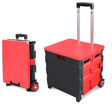 ASN Einkaufskorb mit Rollen Einkaufswagen Klappbox, Mobilklappwagen Mit Deckel, Plastikaufbewahrungsbehälter Mit Griff Im Kofferraum, 8 Lenkrollen, Große Kapazitäts-65L (Color : Red+Black)