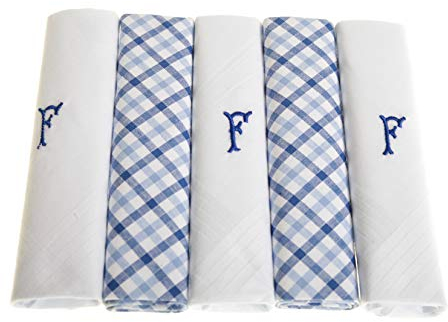 Surf the Shop 5 Stück Herren Taschentücher mit Initiale bestickt weiß mit Satinborte und blau kariertem Handkies, verschiedene Buchstaben, F, 5 Pack